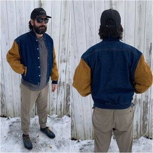 Vintage Denim Bomber Jacket | Blue Jean Varsity Bomber Jacket